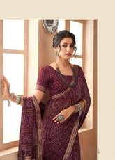 India Silk Deep Purple Chiffon Saree Features A Beautifully Attached Banarasi Border Combining The Softness And Flow Of Chiffon